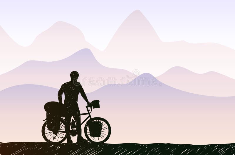 Bikepacking in mountain landscape. Traveling man standing with touring bicycle with bags silhouette