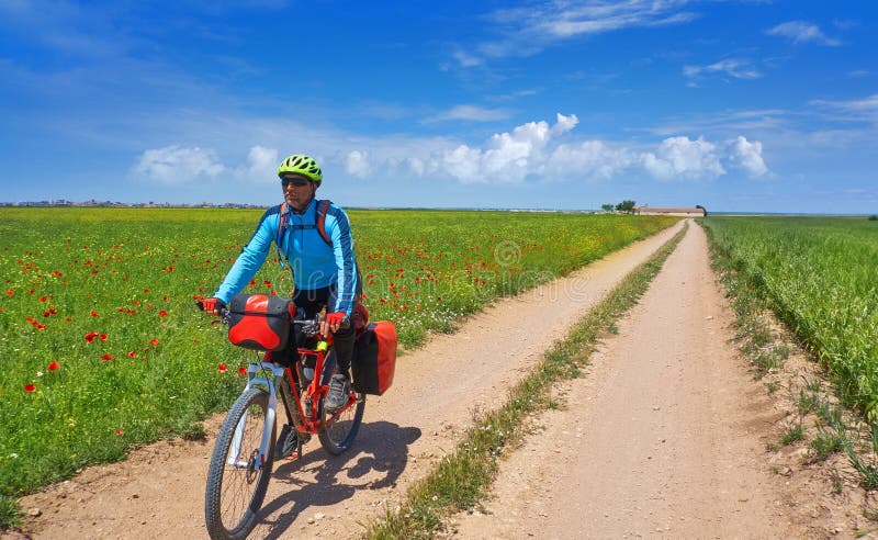 Biker by Camino de Santiago in bicycle royalty free stock image