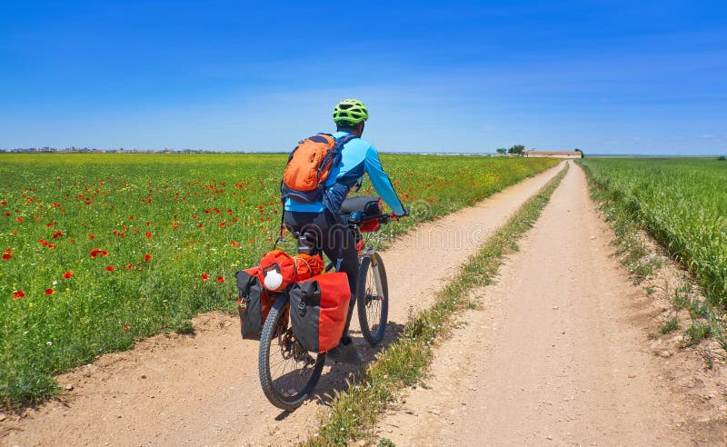 Biker by Camino de Santiago in bicycle stock image