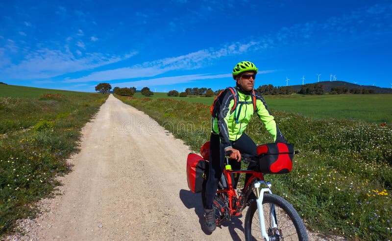 Biker by Camino de Santiago in bicycle royalty free stock images