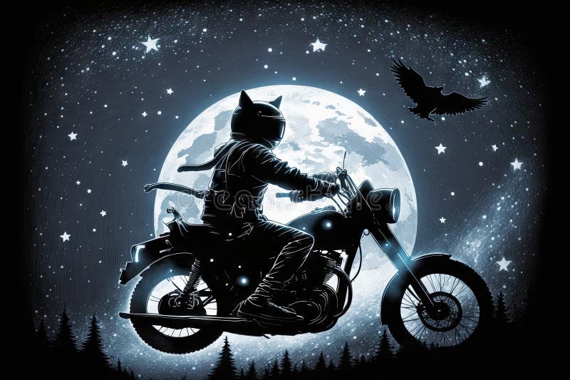 Kočka na její motorka, na koni přes noc nebe, vytvořil.