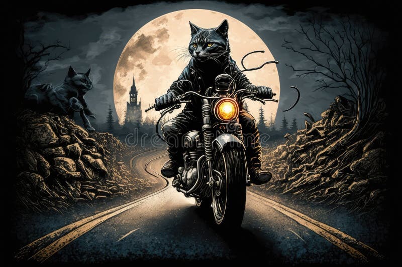 Kočka na koni motocykl dole navíjení cesty, vytvořil.