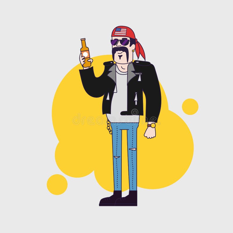 Biker Character in Sunglasses and Leather Jacket with Beer Bottle. Linear  Flat Design. Stock Illustration - Illustration of motorcycle, cartoon:  70659945