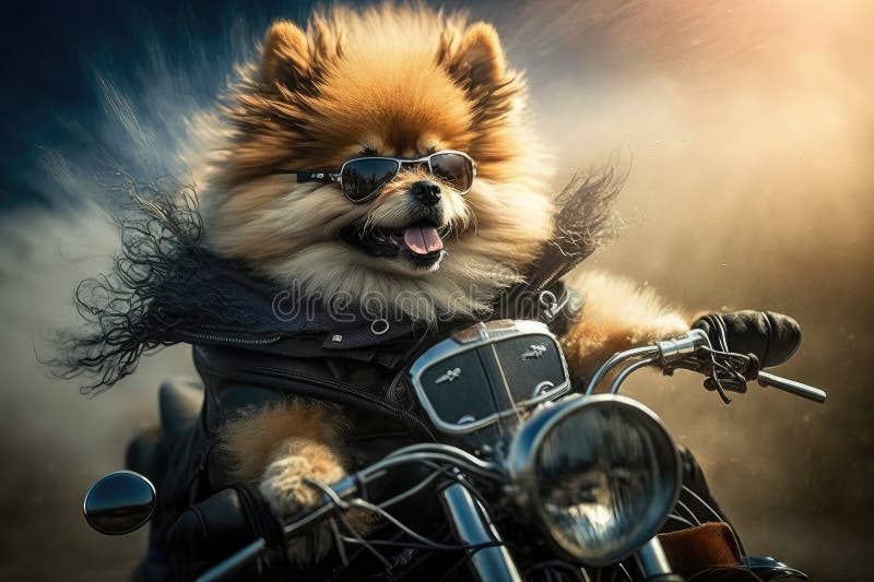 Biker Dog Riding on Custommade Chopper, with Wind Blowing in Its Fur Stock Illustration
