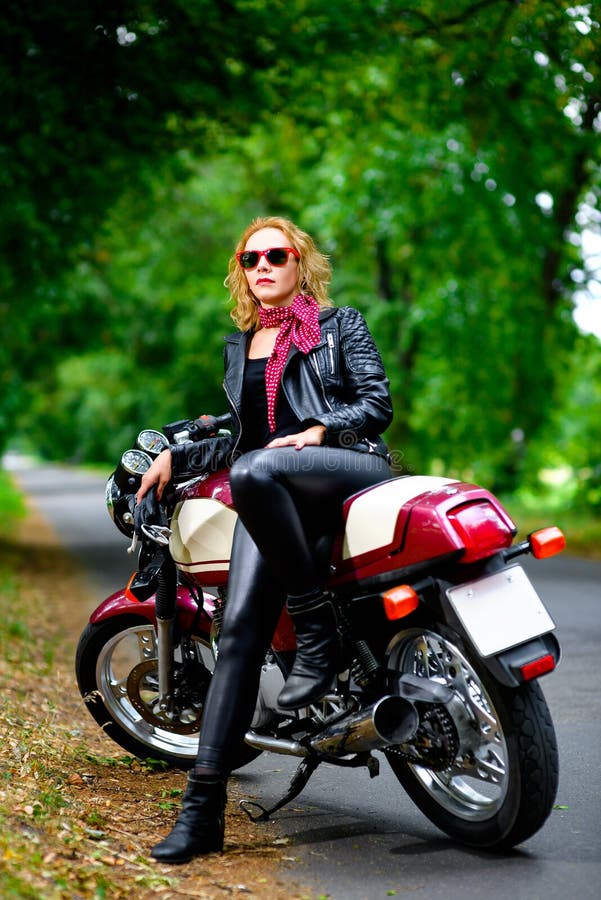 Biker Girl in Leather Jacket on a Motorcycle Stock Photo Image of