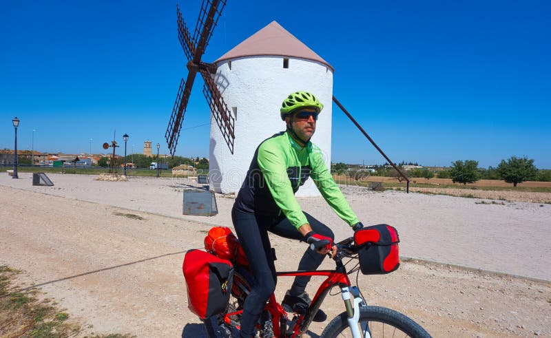 Biker pilgrim by Camino de Santiago stock photography