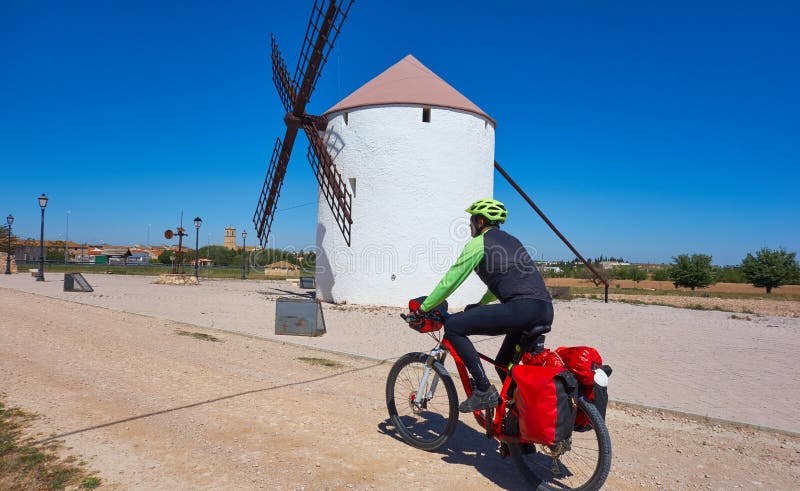 Biker pilgrim by Camino de Santiago stock image