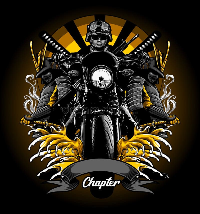 Biker Riding Vintage Bike in Samurai Background Stock Vector