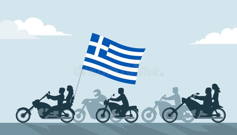 Bikers on motorcycles with greece flag