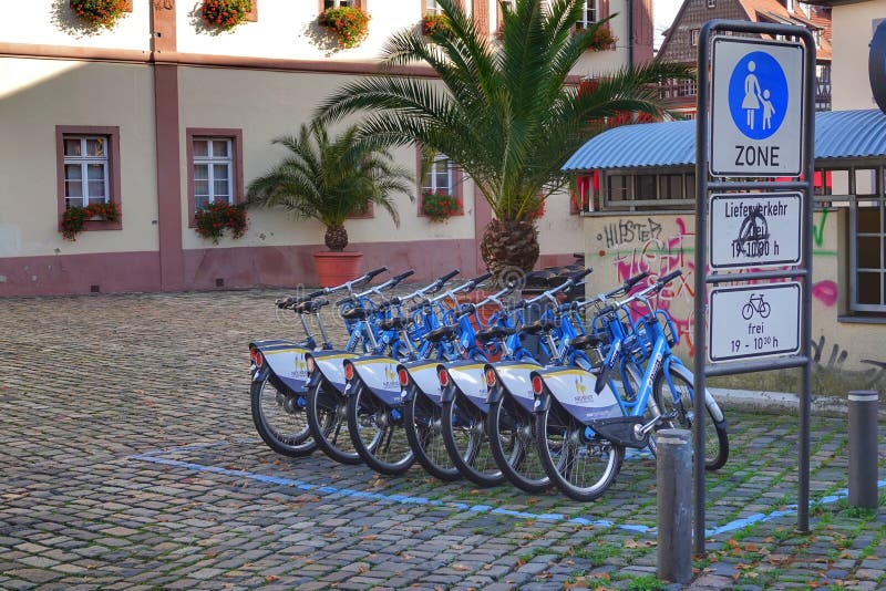 Rental bikes at the historic market square of Neustadt an der Weinstrasse in Rheinland-Pfalz Germany