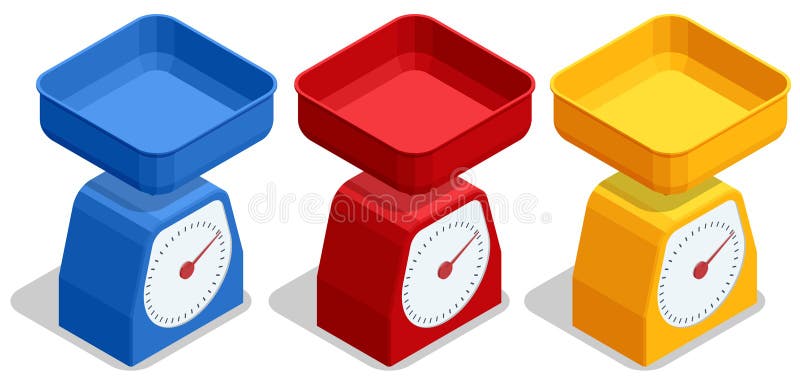 Bilance isometriche per cucine isolate su bianco. Misurazione dei prodotti alimentari. scala di cucina analogica illustrazione di stock