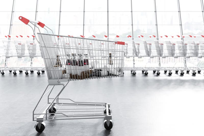 Bilar för en supermarket över rad av tomma vagnar stock illustrationer Bilar för en supermarket över rad av tomma vagnar stock illustrationer
