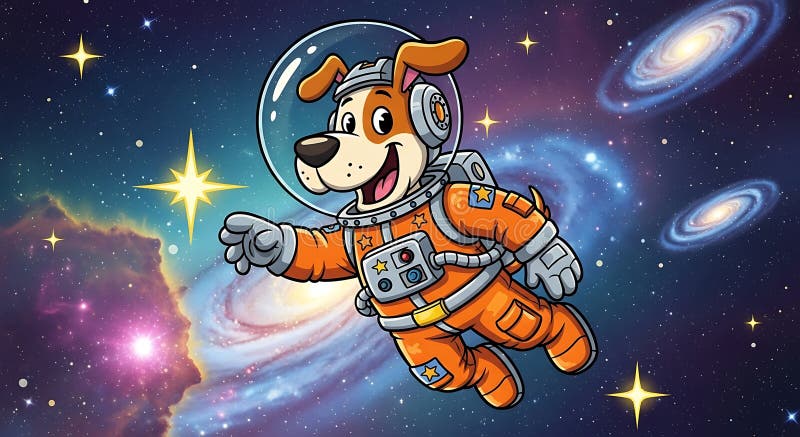 Bild av en hund i en orange astronautdräkt i yttre rymden. Den vektor illustrationer