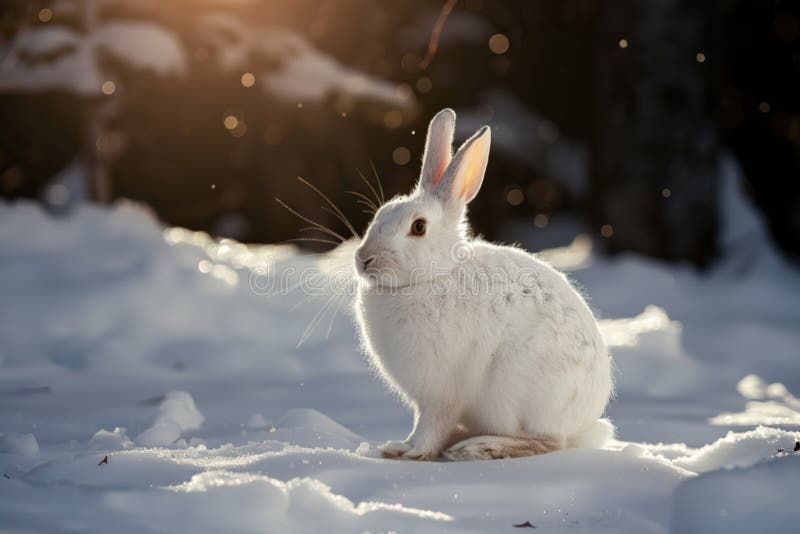 Bild av en vit kanin i snön. djur på vintern stock illustrationer