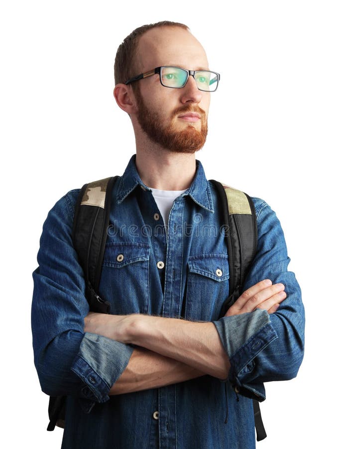 Bild av mannen med det röda skägget i att posera för exponeringsglas som isoleras på vit royaltyfri bild Bild av mannen med det röda skägget i att posera för exponeringsglas som isoleras på vit royaltyfri bild
