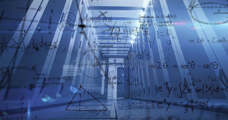 Bild av matematiska ekvationsdiagram och datorspråksvy med låg vinkel på serverrummet stock illustrationer