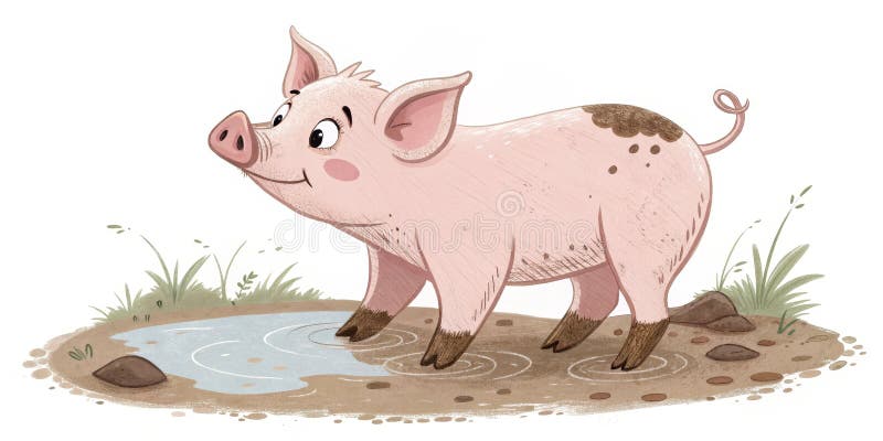Bild av Muddy Piglet i Puddle Digital Illustration Cute Farm Animal Childrens Book Pig stock illustrationer