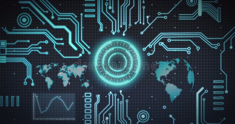 Bild av omfångsskanning av processorelement världskarta och databehandling över rutnät stock illustrationer