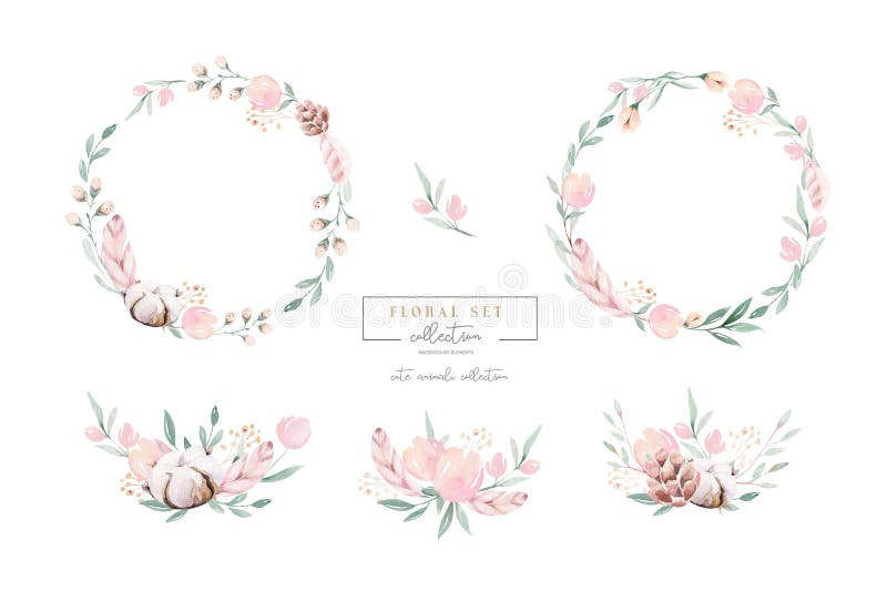 Bild av vattenfärgsutandning och bukett med bomullskulor persikofärg, vit, rosa, levande blommor, grön fotografering för bildbyråer