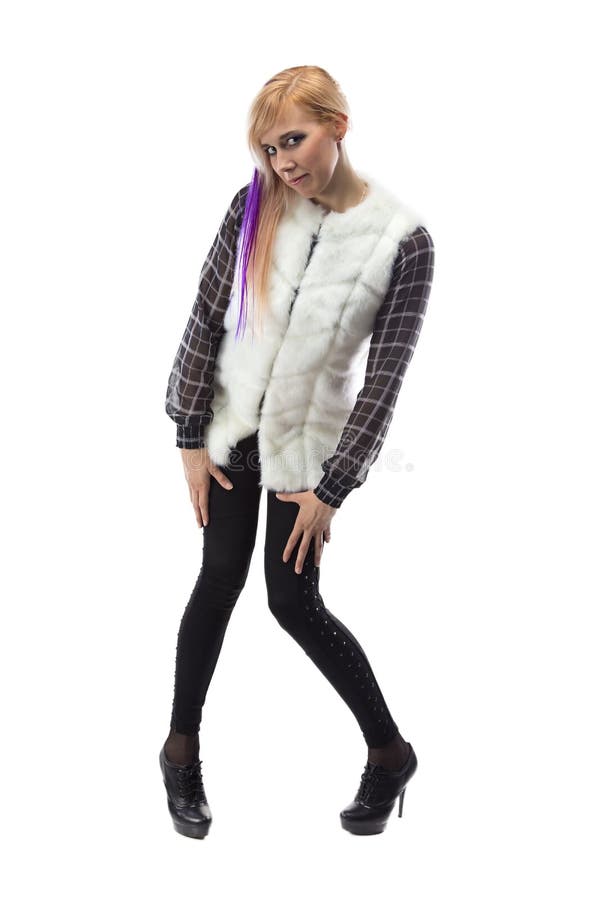 Bild der Blondine in der weißen Pelzjacke, Kinn unten lizenzfreies stockfoto Bild der Blondine in der weißen Pelzjacke, Kinn unten lizenzfreies stockfoto