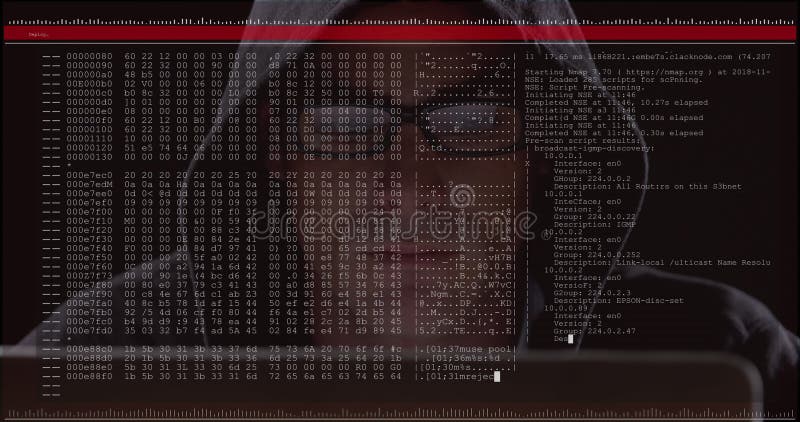 Bild der Datenverarbeitung auf Computerbildschirm über männlichen Hacker mit Computer lizenzfreie stockbilder