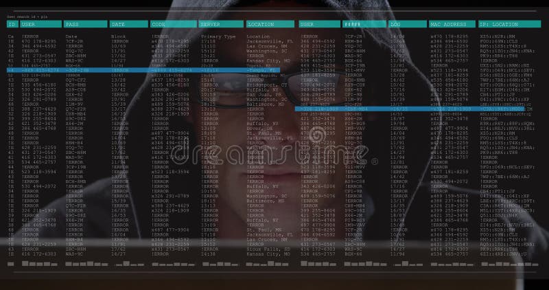Bild der Datenverarbeitung auf Computerbildschirm über männlichen Hacker mit Computer lizenzfreie stockfotos