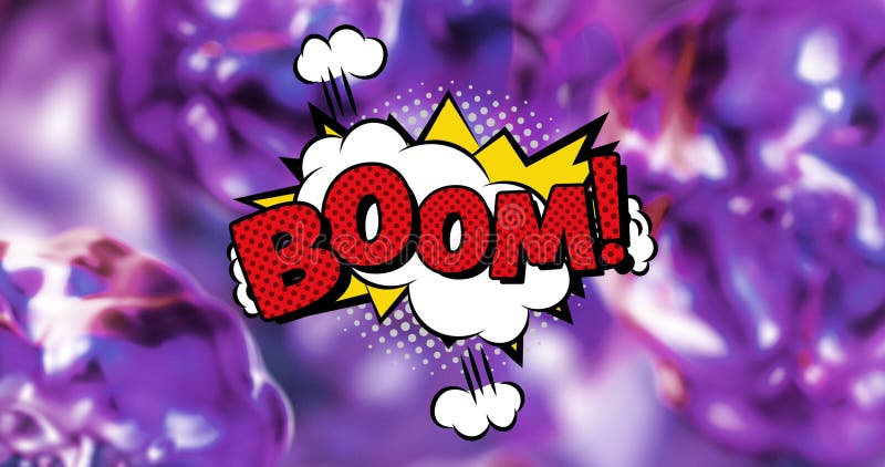 Bild des Boom-Textes in roten Buchstaben in Retro-Sprechblase über glänzenden violetten Hintergrund vektor abbildung