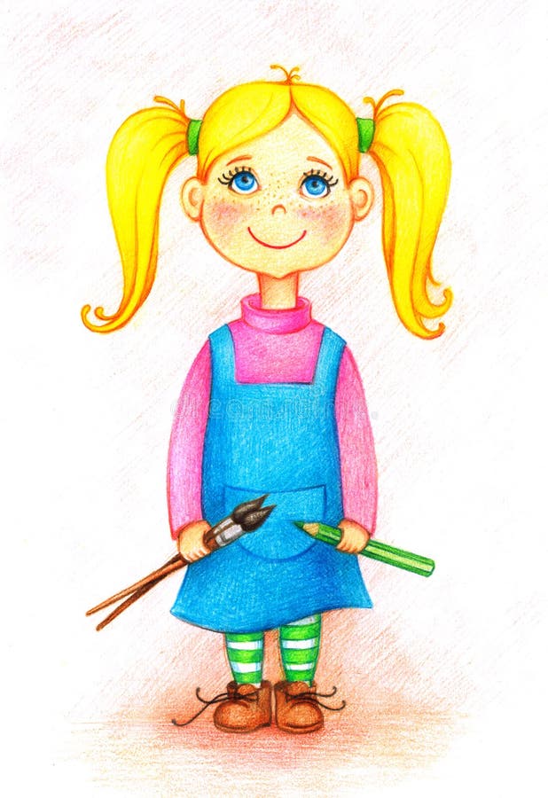 Bild des Künstlers des kleinen Mädchens mit Bürsten und Bleistift lizenzfreie abbildung Bild des Künstlers des kleinen Mädchens mit Bürsten und Bleistift lizenzfreie abbildung