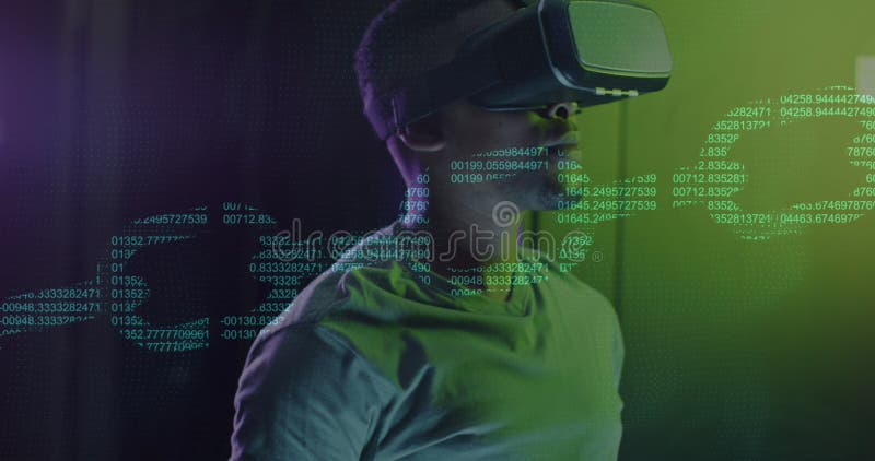 Bild einer Kette über afrikanischem Amerikaner mit vr Headset im Serverraum. Cloud Computing digitale Benutzeroberfläche und Sicherheitskonzept digital generiertes Bild