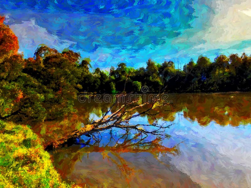 Digital paint strokes image of the lake in Birdsland reserve in Belgrave Heights, Victoria, Australia. Digital paint strokes image of the lake in Birdsland reserve in Belgrave Heights, Victoria, Australia