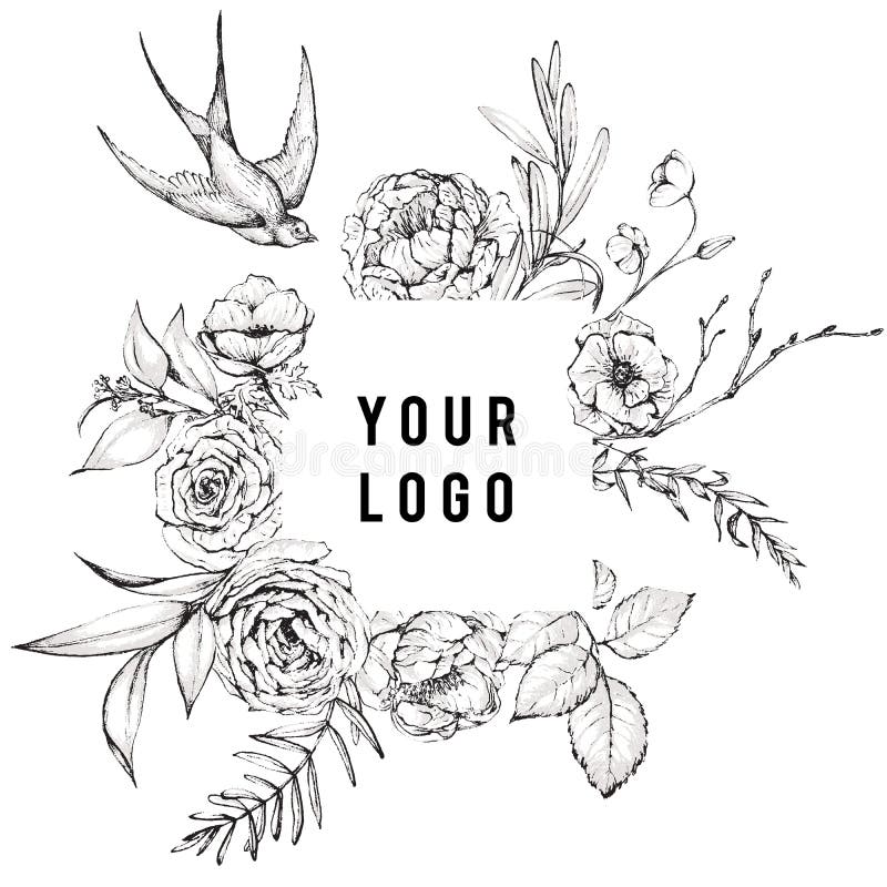 Bild med florfärgad illustration av svart&vita blommor ramutandning med svalg fågel stock illustrationer