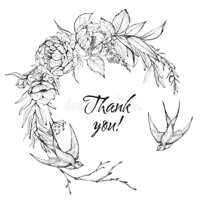 Bild med florfärgad illustration av svart&vita blommor ramutandning med svalg fågel vektor illustrationer
