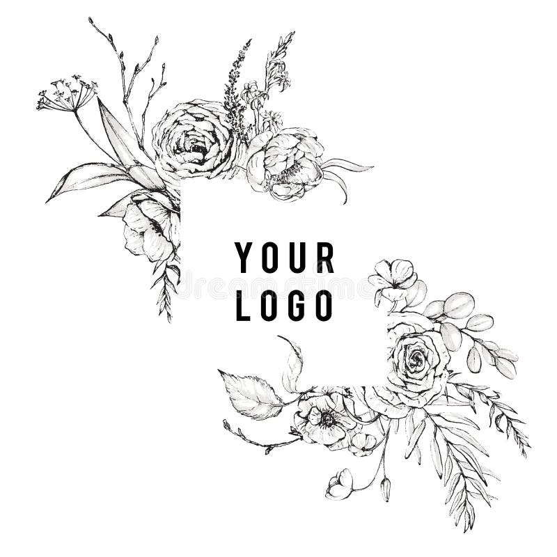 Bild med florfärgad illustration med svart&vita blommor ramkrans stock illustrationer