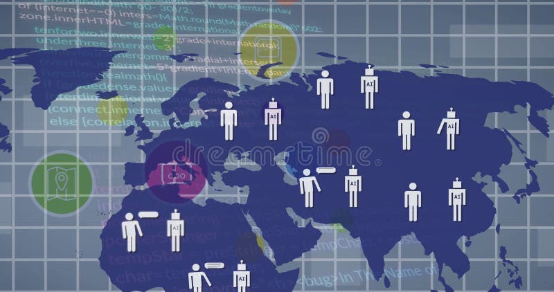 Bild menschlicher Icons auf digitaler Weltkarte und Kreise mit Rastermuster über grauem Hintergrund stock abbildung