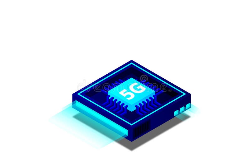 Bild på 5 g nätverksprocessor. nästa generations mobila trådlösa internet. isometrisk futuristisk mikroprocessor stock illustrationer