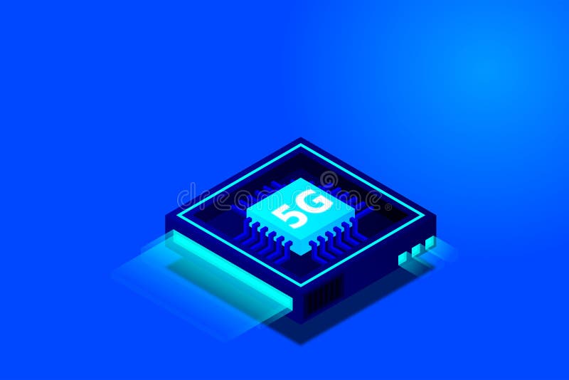 Bild på 5 g nätverksprocessor. nästa generations mobila trådlösa internet. isometrisk futuristisk mikroprocessor royaltyfri illustrationer