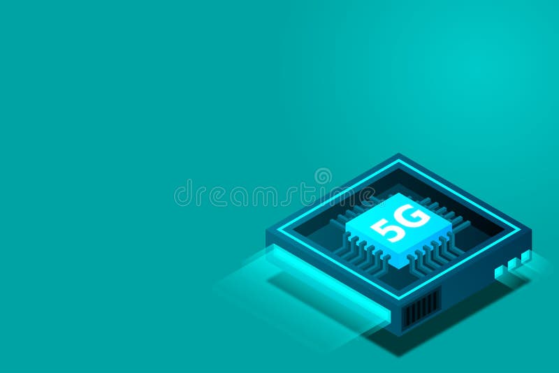 Bild på 5 g nätverksprocessor. nästa generations mobila trådlösa internet. isometrisk futuristisk mikroprocessor vektor illustrationer