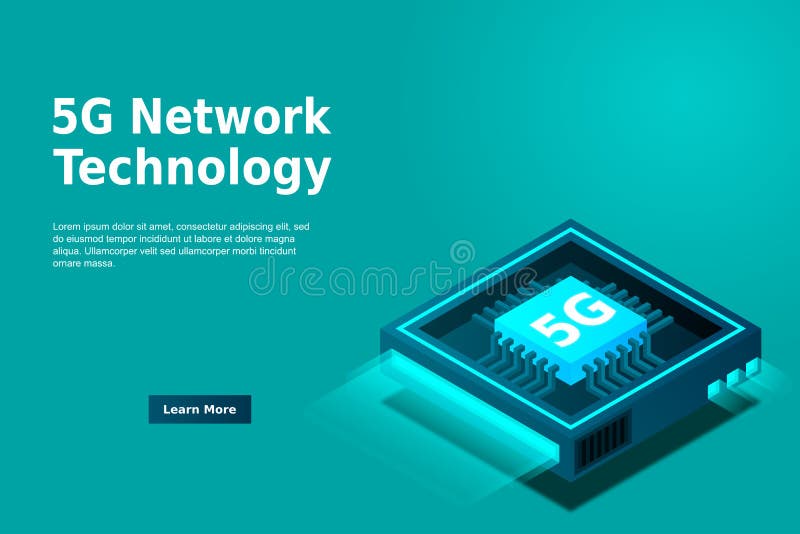 Bild på 5 g nätverksprocessor. nästa generations mobila trådlösa internet. isometrisk futuristisk mikroprocessor vektor illustrationer