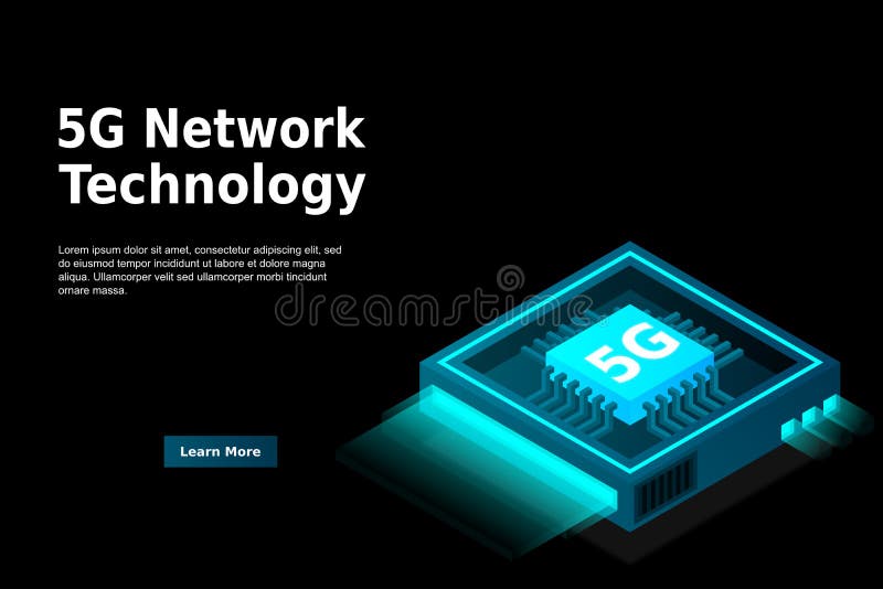 Bild på 5 g nätverksprocessor. nästa generations mobila trådlösa internet. isometrisk futuristisk mikroprocessor vektor illustrationer