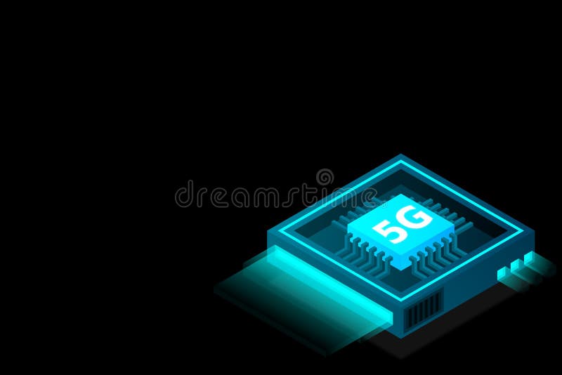 Bild på 5 g nätverksprocessor. nästa generations mobila trådlösa internet. isometrisk futuristisk mikroprocessor vektor illustrationer