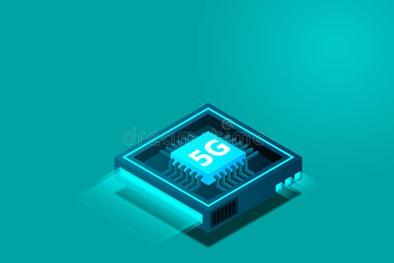Bild på 5 g nätverksprocessor. nästa generations mobila trådlösa internet. isometrisk futuristisk mikroprocessor vektor illustrationer