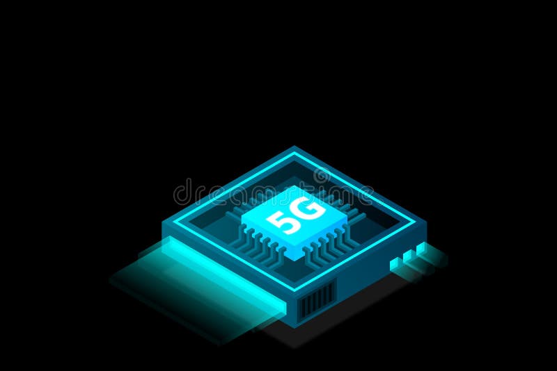 Bild på 5 g nätverksprocessor. nästa generations mobila trådlösa internet. isometrisk futuristisk mikroprocessor vektor illustrationer