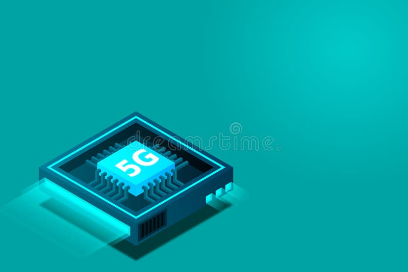 Bild på 5 g nätverksprocessor. nästa generations mobila trådlösa internet. isometrisk futuristisk mikroprocessor stock illustrationer