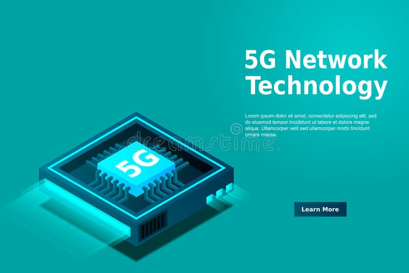 Bild på 5 g nätverksprocessor. nästa generations mobila trådlösa internet. isometrisk futuristisk mikroprocessor vektor illustrationer