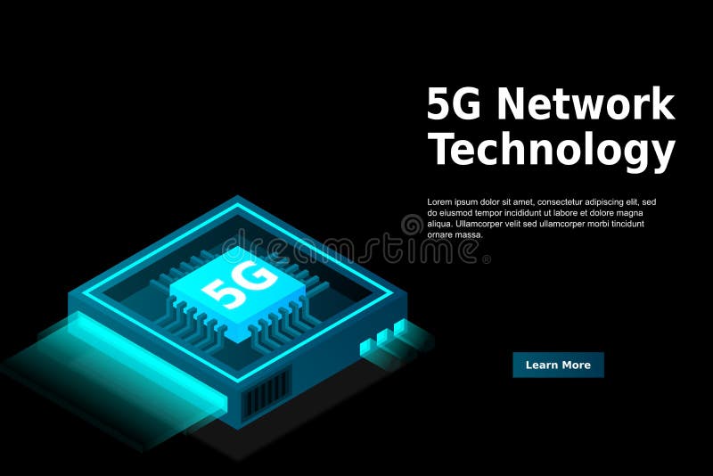 Bild på 5 g nätverksprocessor. nästa generations mobila trådlösa internet. isometrisk futuristisk mikroprocessor vektor illustrationer