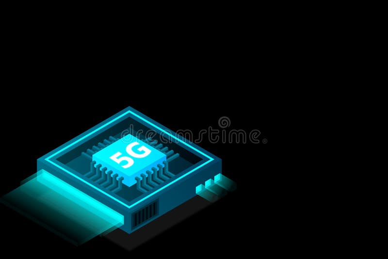 Bild på 5 g nätverksprocessor. nästa generations mobila trådlösa internet. isometrisk futuristisk mikroprocessor royaltyfri illustrationer