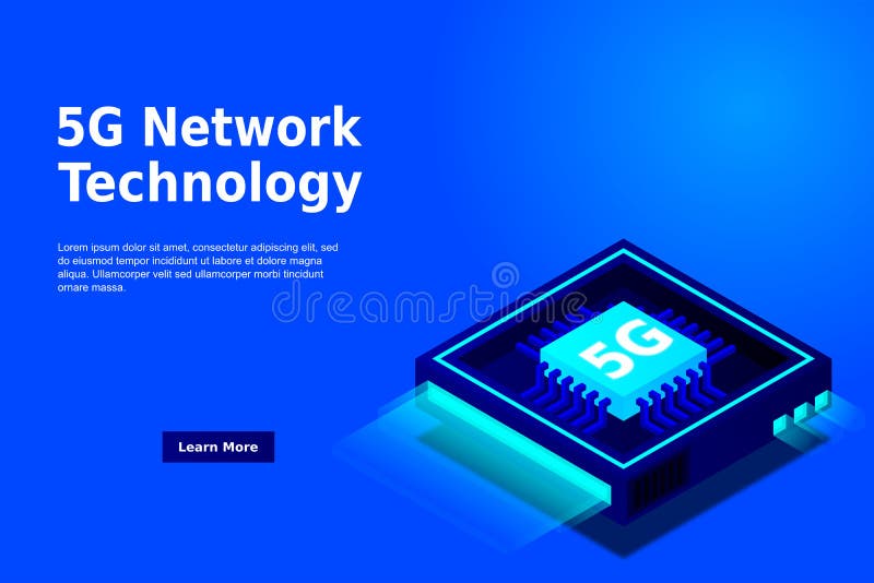 Bild på 5 g nätverksprocessor. nästa generations mobila trådlösa internet. isometrisk futuristisk mikroprocessor royaltyfri illustrationer