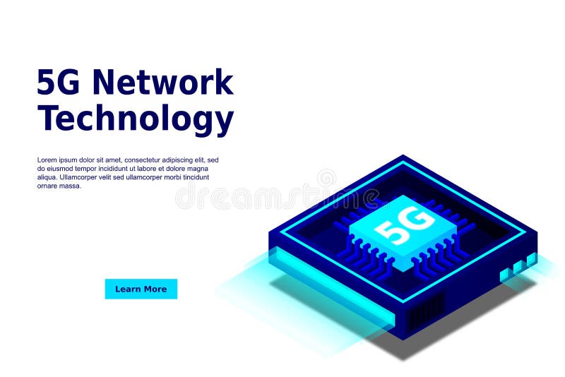 Bild på 5 g nätverksprocessor. nästa generations mobila trådlösa internet. isometrisk futuristisk mikroprocessor stock illustrationer