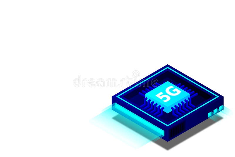 Bild på 5 g nätverksprocessor. nästa generations mobila trådlösa internet. isometrisk futuristisk mikroprocessor stock illustrationer