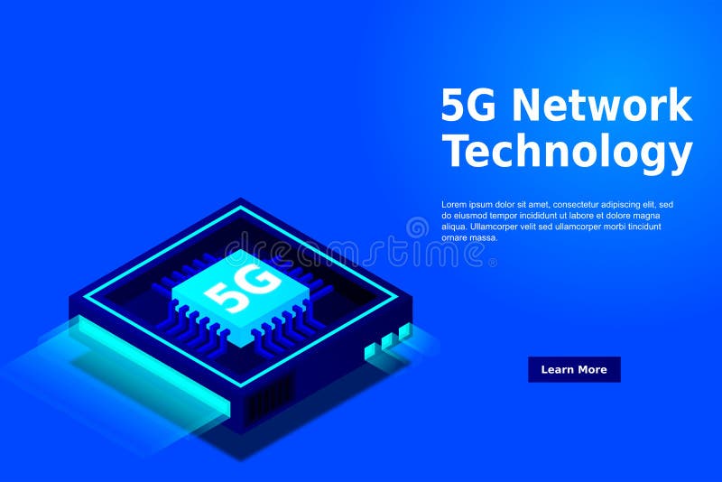 Bild på 5 g nätverksprocessor. nästa generations mobila trådlösa internet. isometrisk futuristisk mikroprocessor stock illustrationer